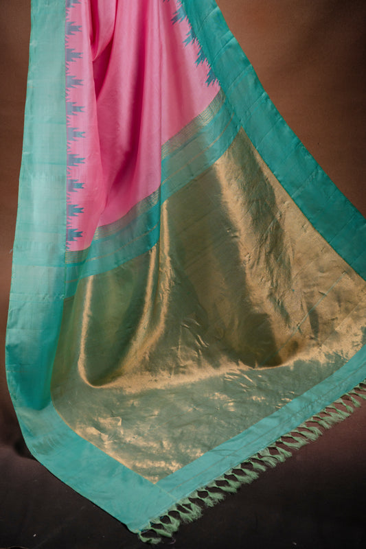 Gadwal Silk Pink with Aqua Border Saree