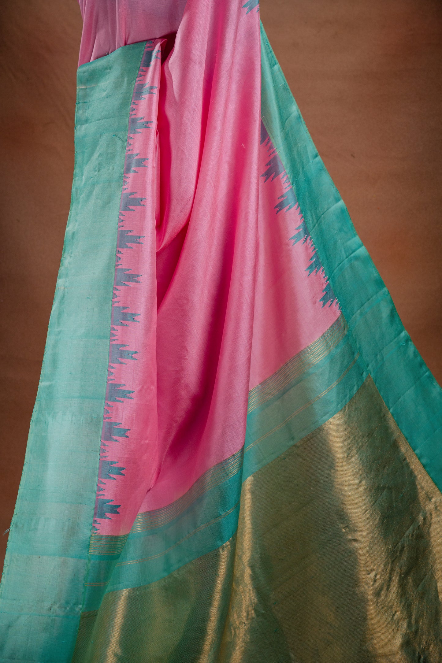 Gadwal Silk Pink with Aqua Border Saree