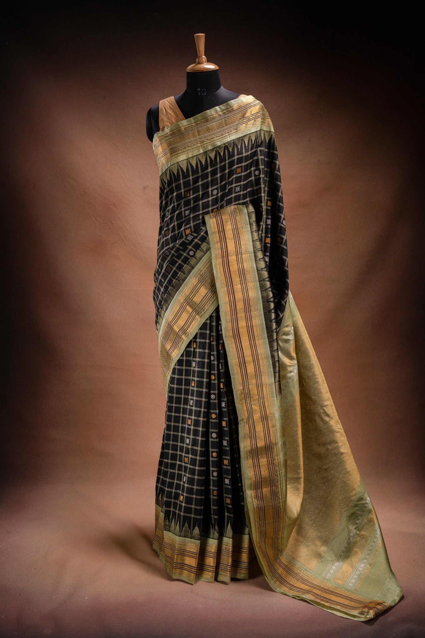 Gadwal Silk Black Checked with Olive Border Saree