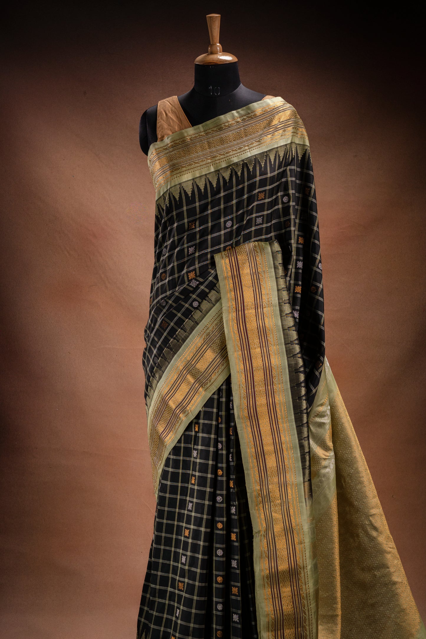 Gadwal Silk Black Checked with Olive Border Saree