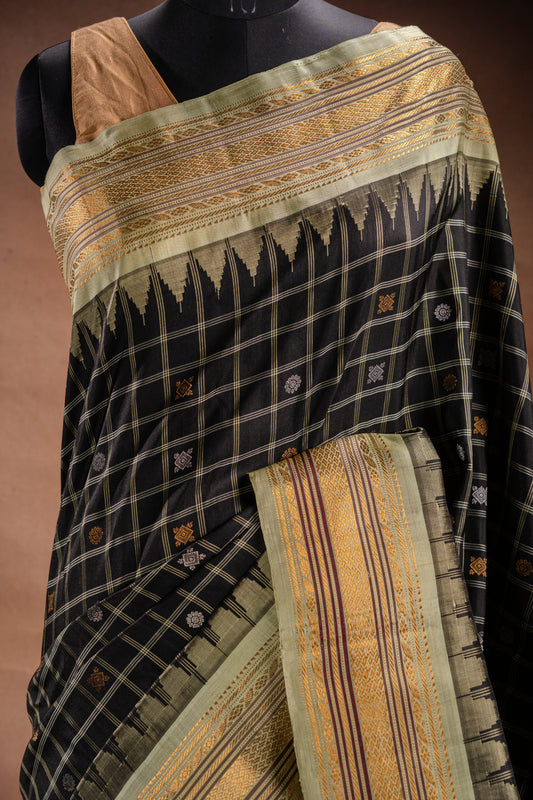 Gadwal Silk Black Checked with Olive Border Saree