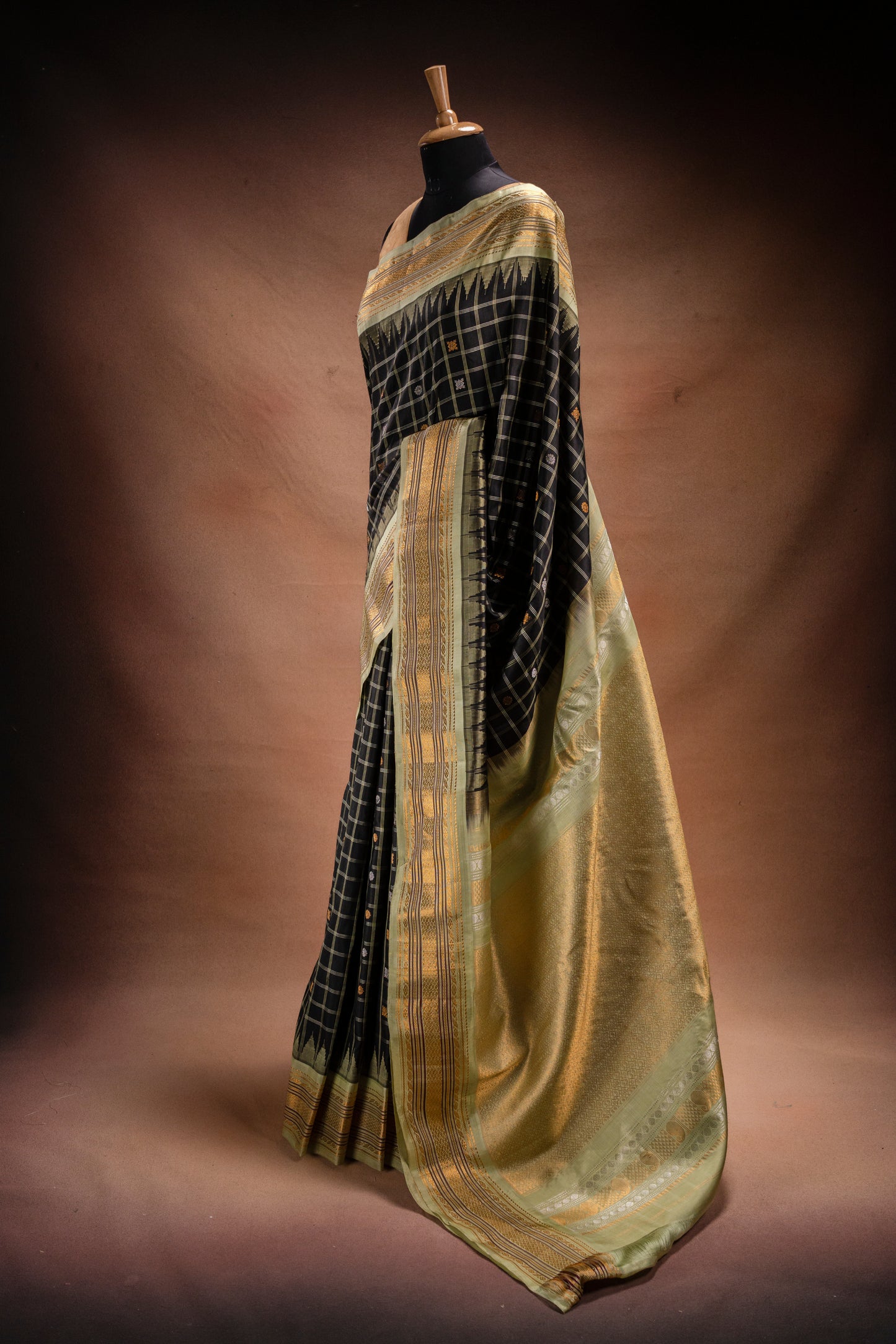 Gadwal Silk Black Checked with Olive Border Saree