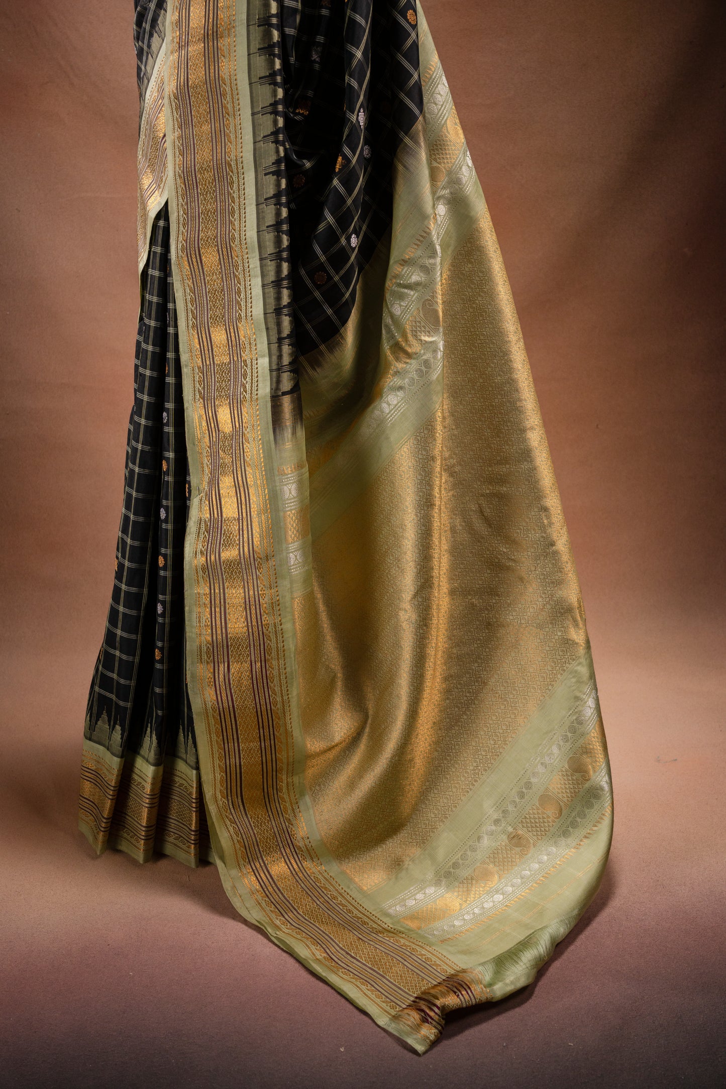 Gadwal Silk Black Checked with Olive Border Saree