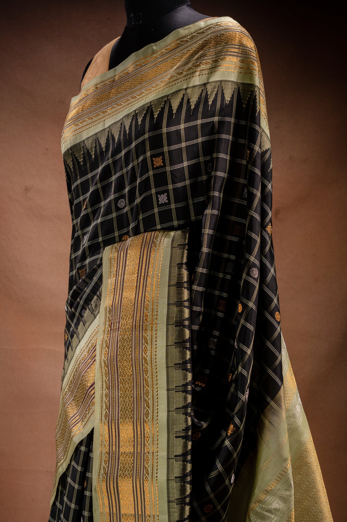 Gadwal Silk Black Checked with Olive Border Saree