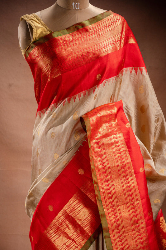 Gadwal Silk Cream with Red Border Saree
