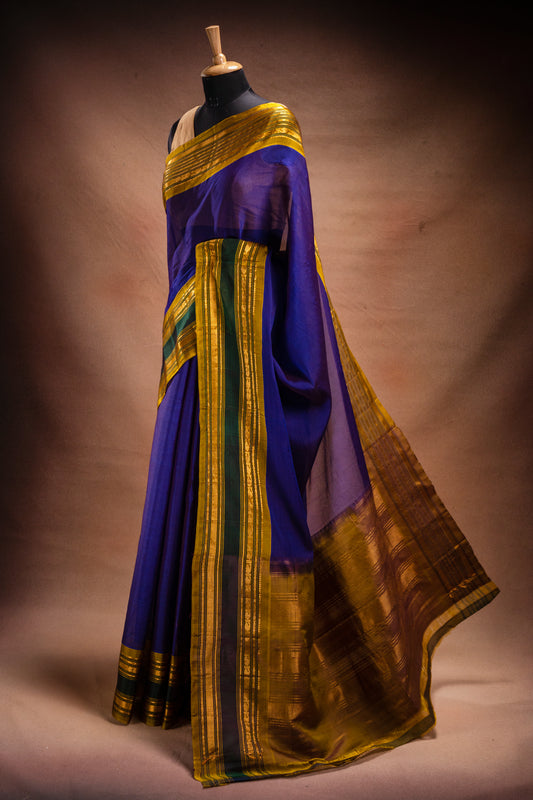 Blue Gadwal Cotton Mix Saree with Mustard Border