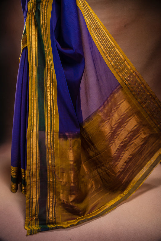 Blue Gadwal Cotton Mix Saree with Mustard Border
