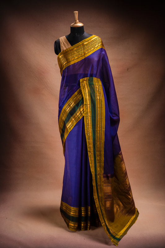 Blue Gadwal Cotton Mix Saree with Mustard Border