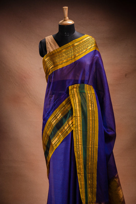 Blue Gadwal Cotton Mix Saree with Mustard Border