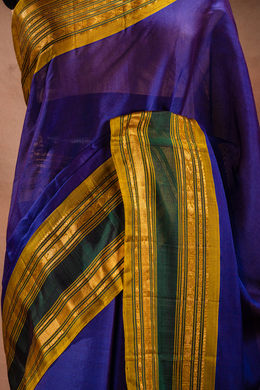 Blue Gadwal Cotton Mix Saree with Mustard Border