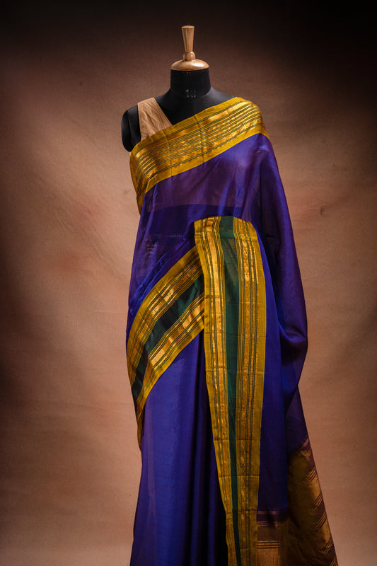 Blue Gadwal Cotton Mix Saree with Mustard Border