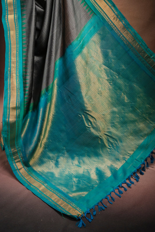 Gadwal Silk Grey with Teal Border Saree