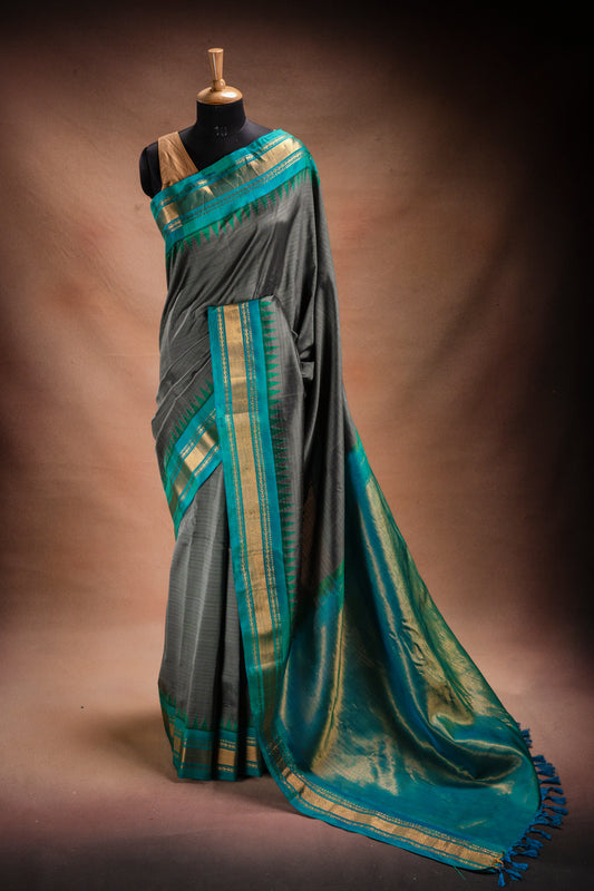 Gadwal Silk Grey with Teal Border Saree