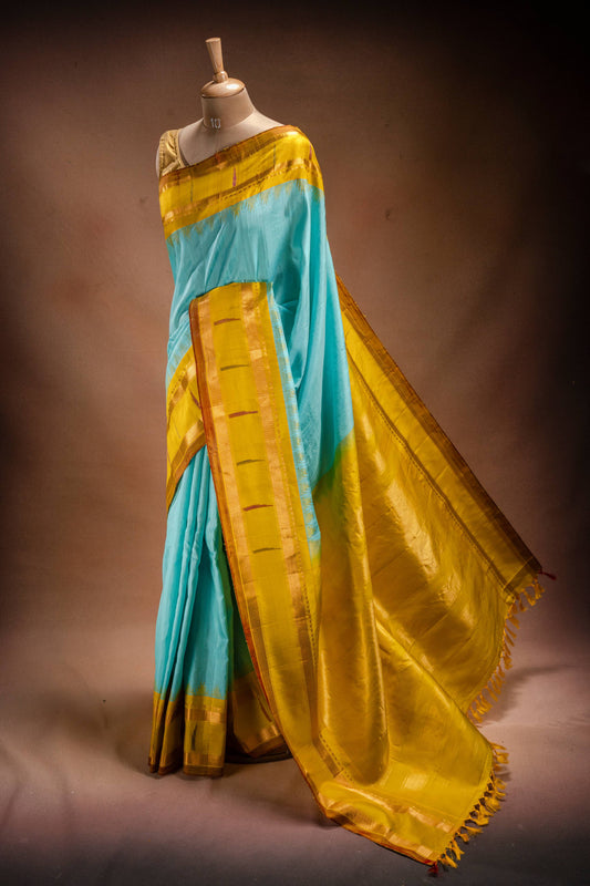 Gadwal Silk Sky Blue with Mustard Border Saree