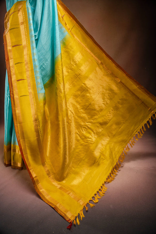 Gadwal Silk Sky Blue with Mustard Border Saree