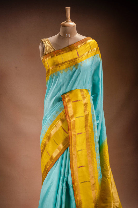 Gadwal Silk Sky Blue with Mustard Border Saree