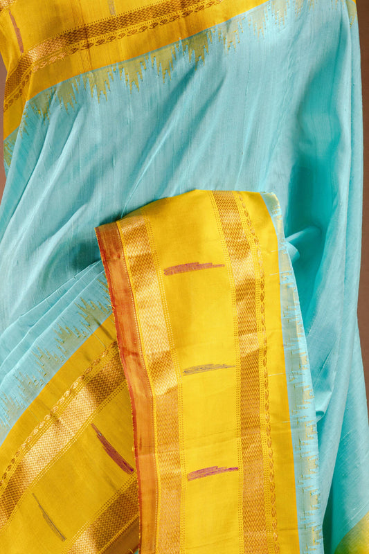 Gadwal Silk Sky Blue with Mustard Border Saree