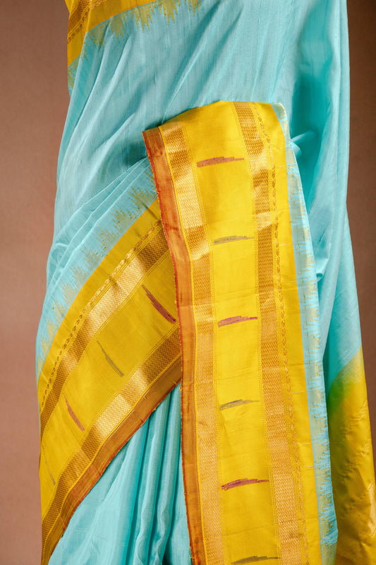 Gadwal Silk Sky Blue with Mustard Border Saree