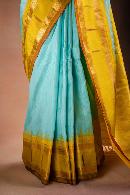 Gadwal Silk Sky Blue with Mustard Border Saree