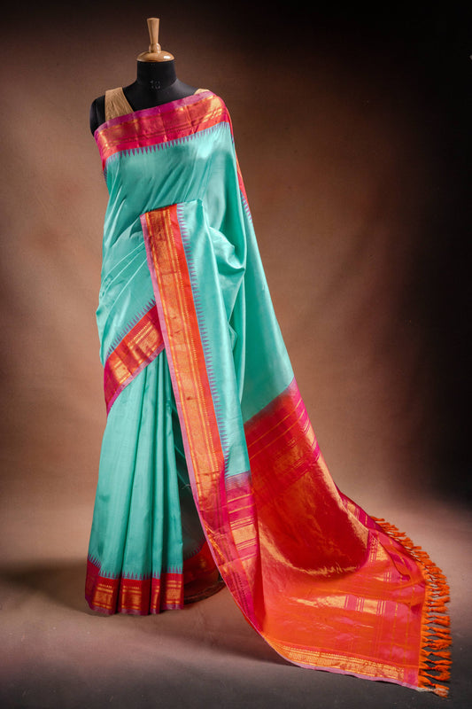 Gadwal Silk Aqua Blue with Pink Border Saree