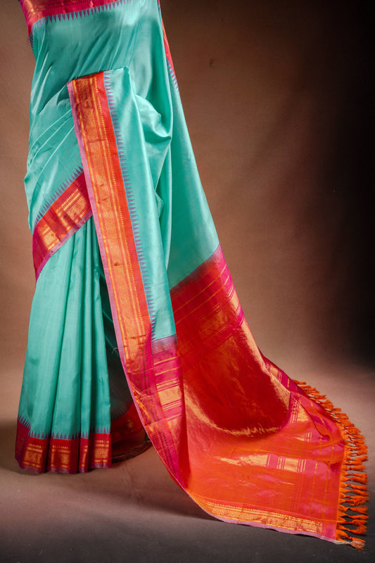 Gadwal Silk Aqua Blue with Pink Border Saree