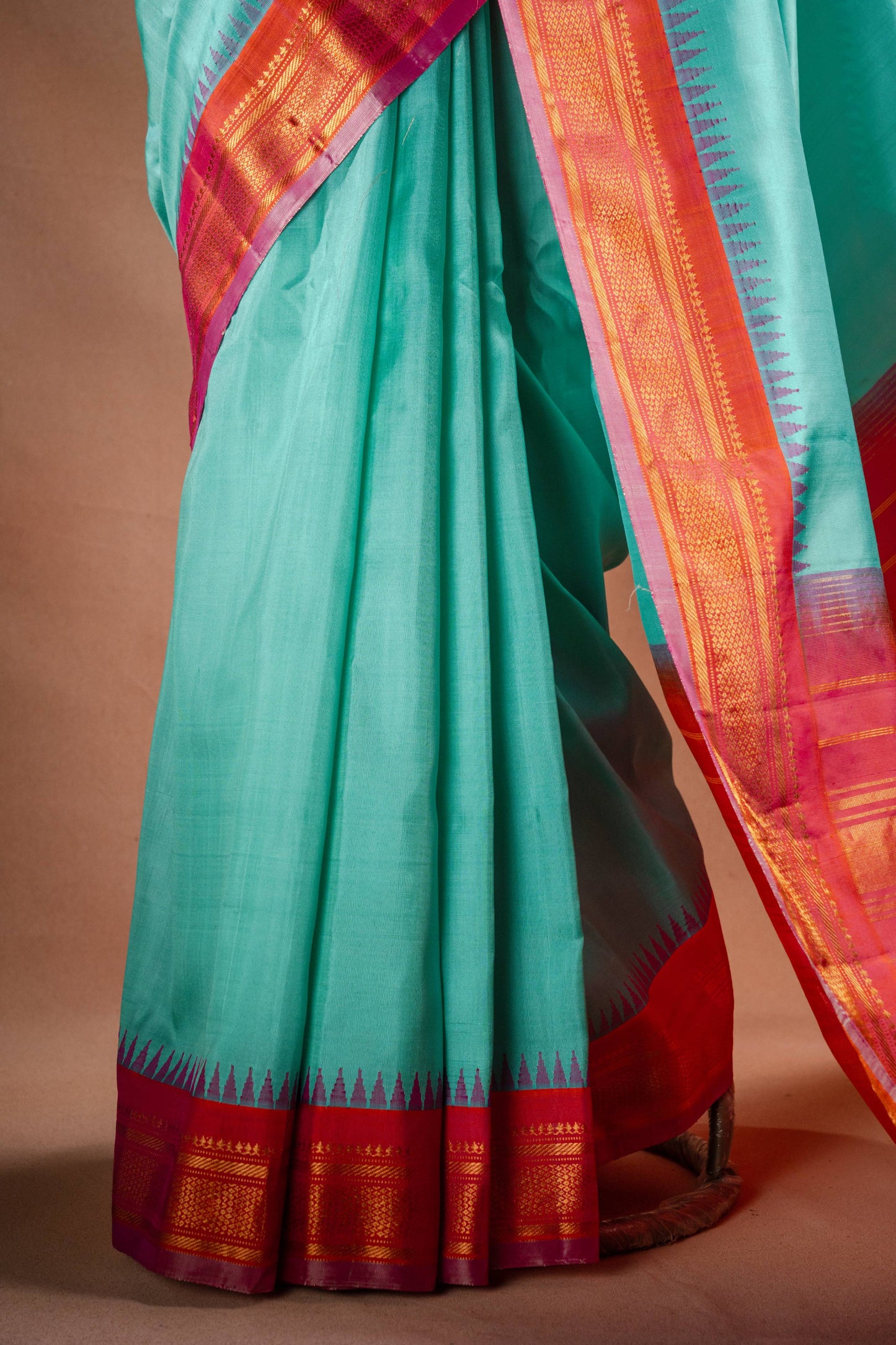 Gadwal Silk Aqua Blue with Pink Border Saree