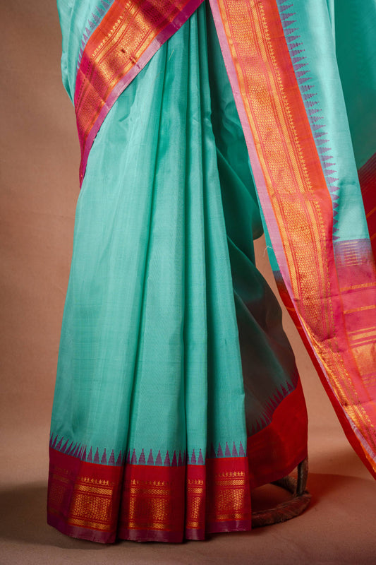 Gadwal Silk Aqua Blue with Pink Border Saree