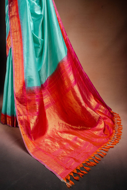 Gadwal Silk Aqua Blue with Pink Border Saree