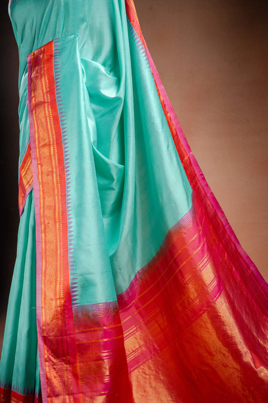 Gadwal Silk Aqua Blue with Pink Border Saree