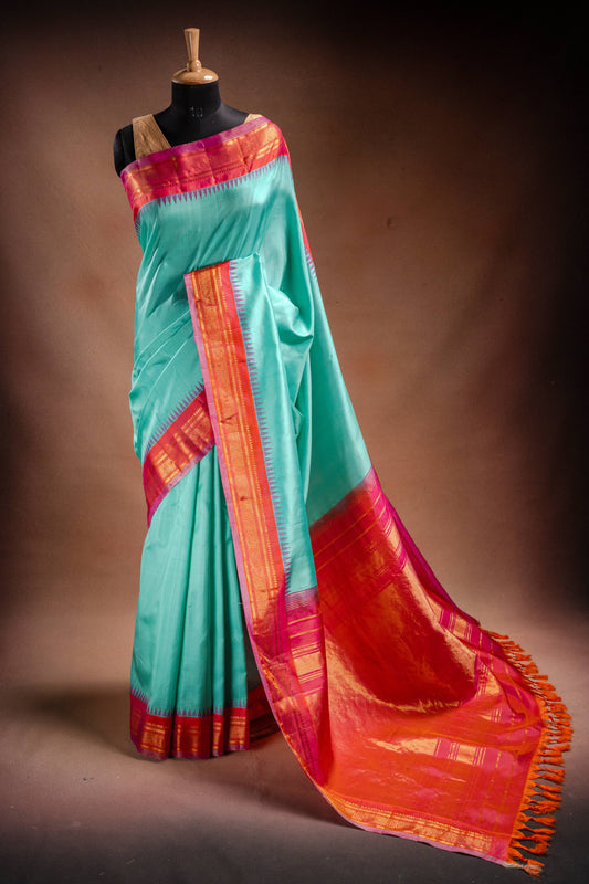 Gadwal Silk Aqua Blue with Pink Border Saree