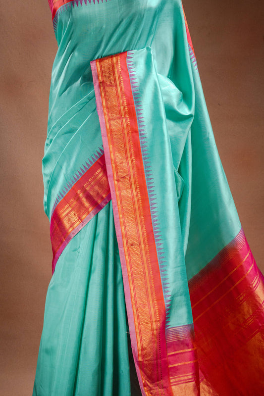 Gadwal Silk Aqua Blue with Pink Border Saree