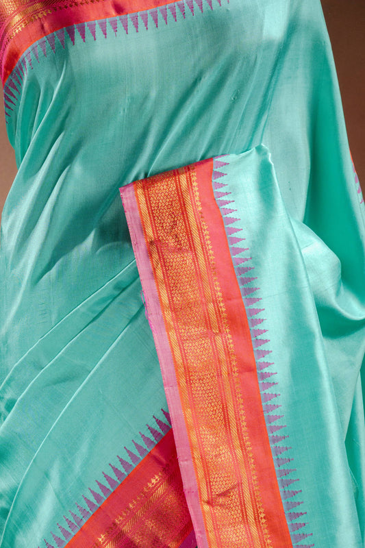 Gadwal Silk Aqua Blue with Pink Border Saree