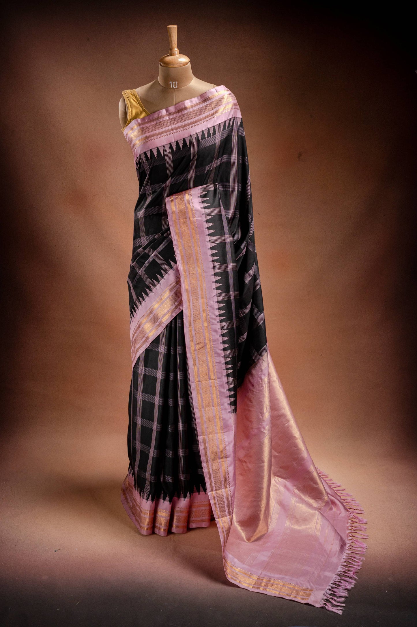 Gadwal Silk Black with Pink Border Checked Saree