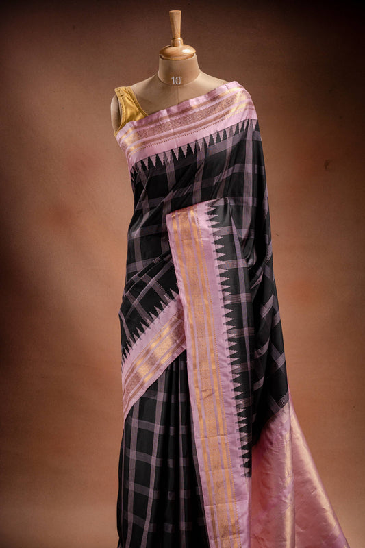 Gadwal Silk Black with Pink Border Checked Saree