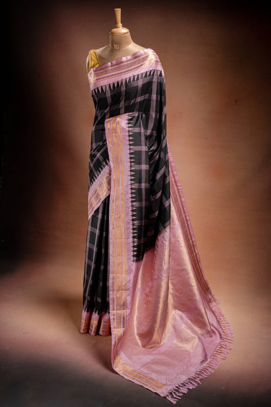 Gadwal Silk Black with Pink Border Checked Saree