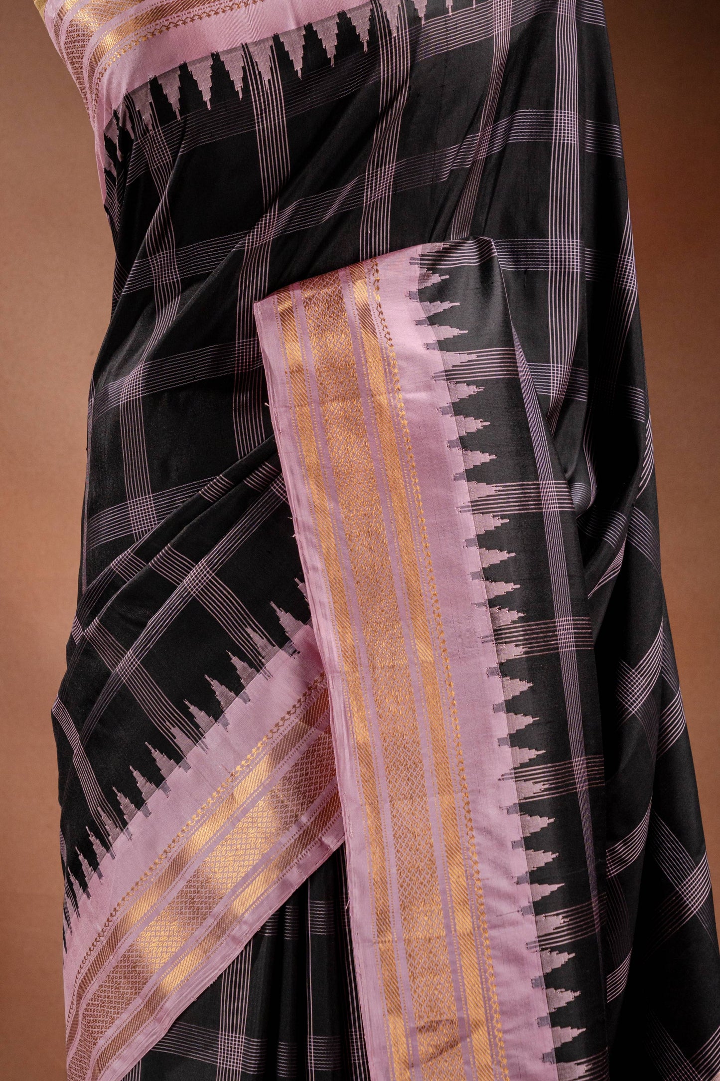 Gadwal Silk Black with Pink Border Checked Saree