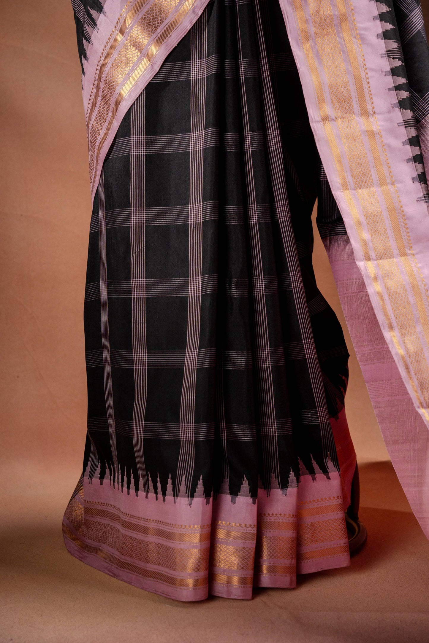 Gadwal Silk Black with Pink Border Checked Saree