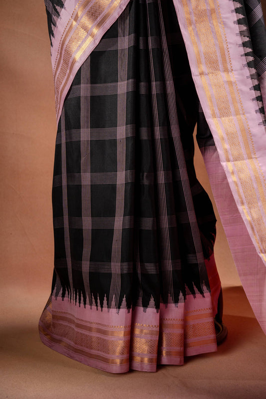 Gadwal Silk Black with Pink Border Checked Saree