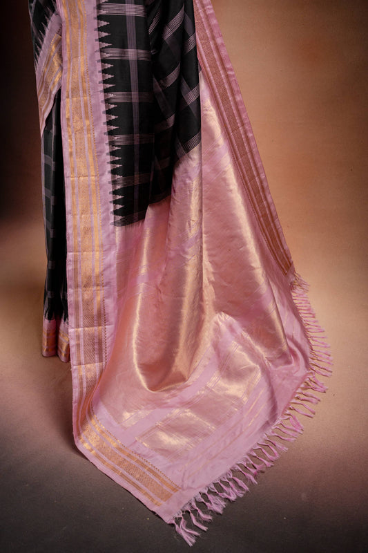 Gadwal Silk Black with Pink Border Checked Saree