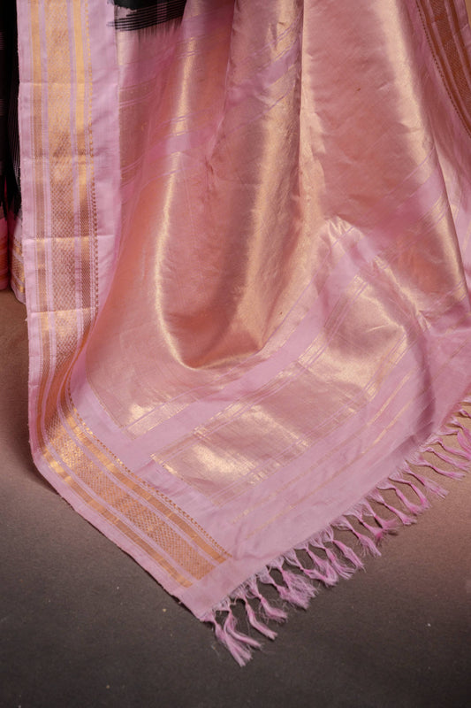 Gadwal Silk Black with Pink Border Checked Saree