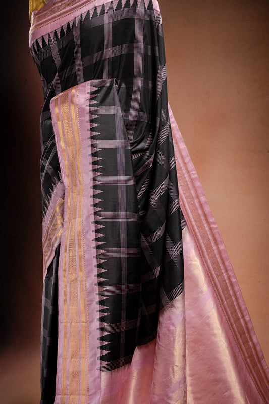 Gadwal Silk Black with Pink Border Checked Saree