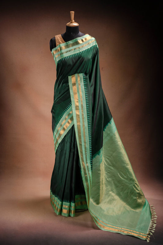 Gadwal Silk Dark Green with Light Green Border Saree