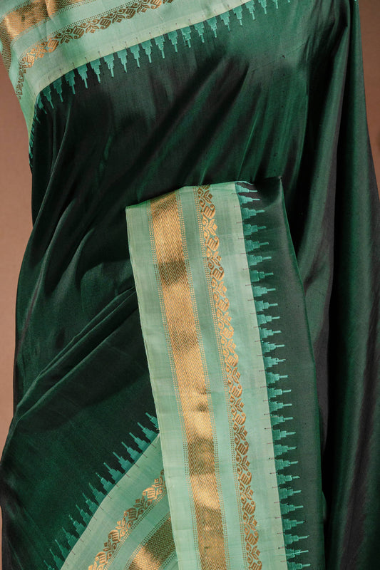 Gadwal Silk Dark Green with Light Green Border Saree