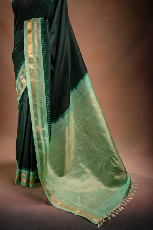 Gadwal Silk Dark Green with Light Green Border Saree