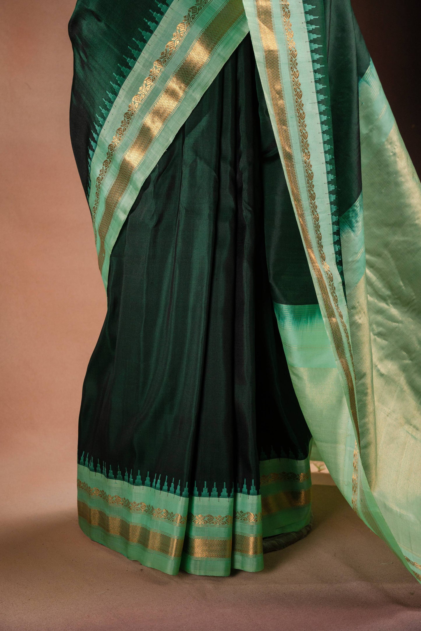 Gadwal Silk Dark Green with Light Green Border Saree