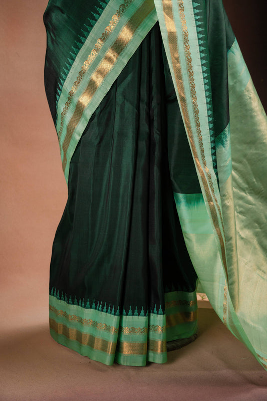Gadwal Silk Dark Green with Light Green Border Saree