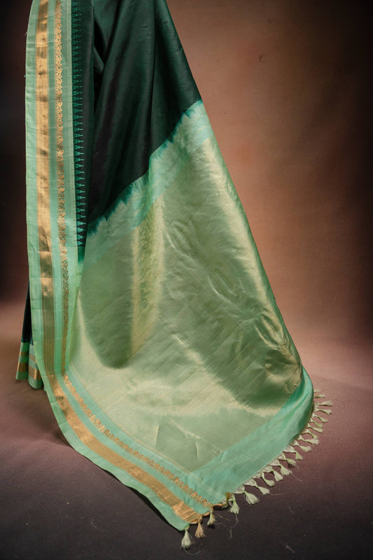 Gadwal Silk Dark Green with Light Green Border Saree
