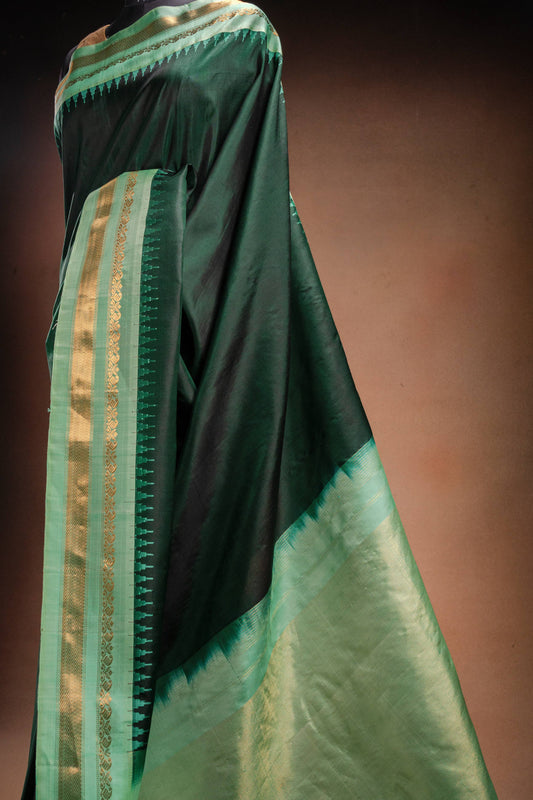 Gadwal Silk Dark Green with Light Green Border Saree