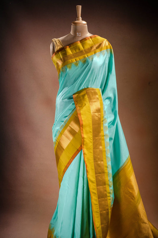 Gadwal Silk Aqua Blue with Mustard Border Saree
