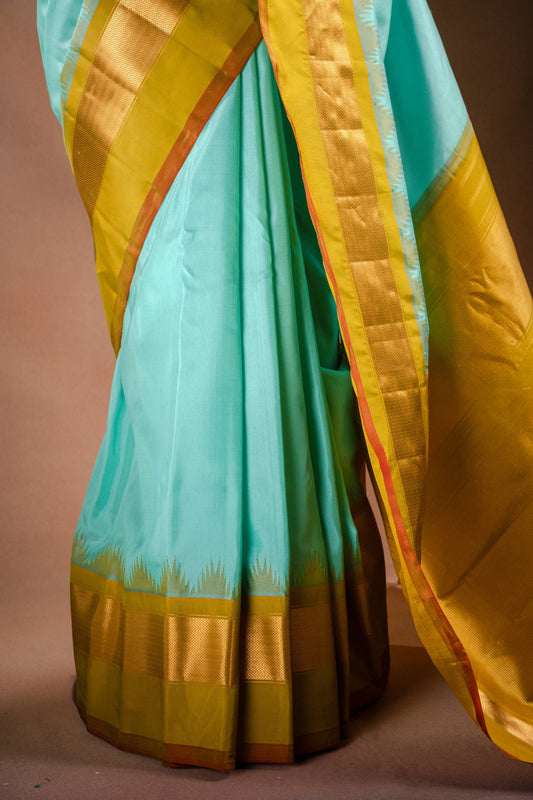 Gadwal Silk Aqua Blue with Mustard Border Saree